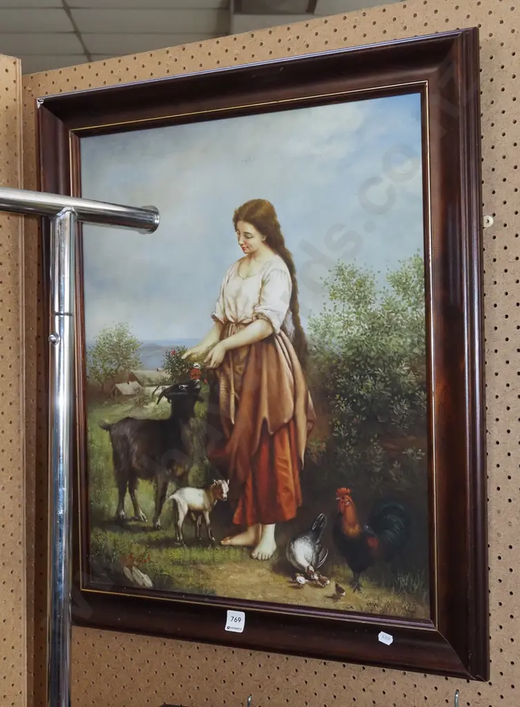 framed oil on board - woman and farm animals Image 1++