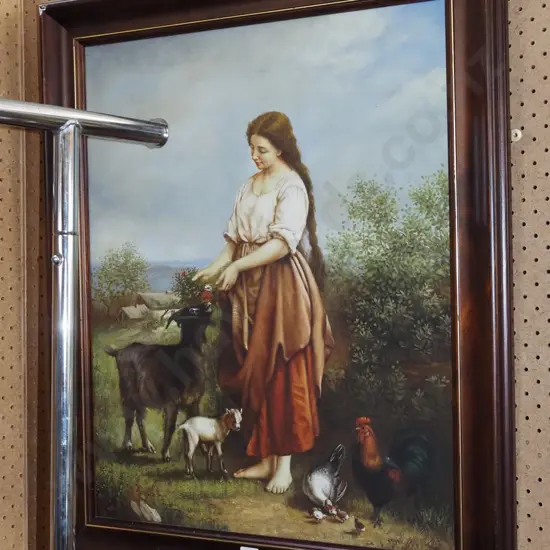 framed oil on board - woman and farm animals