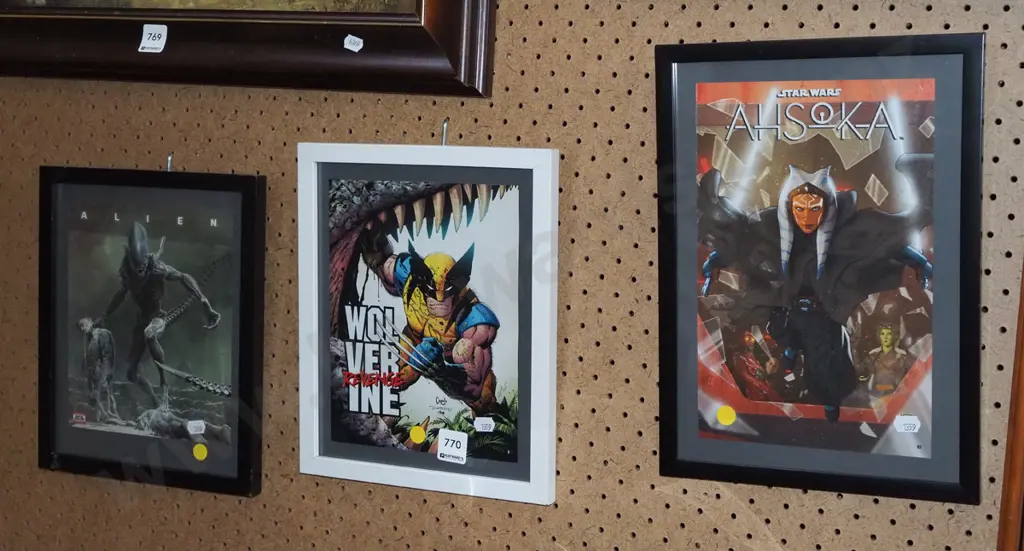 3x framed poster prints - Alien, Wolverine, Star Wars - yellow dots Image 1++