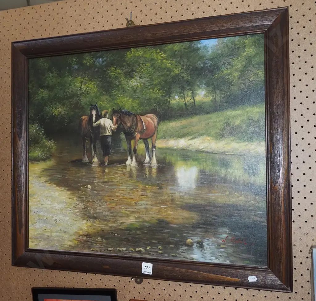 framed oil - horses in stream Image 1++