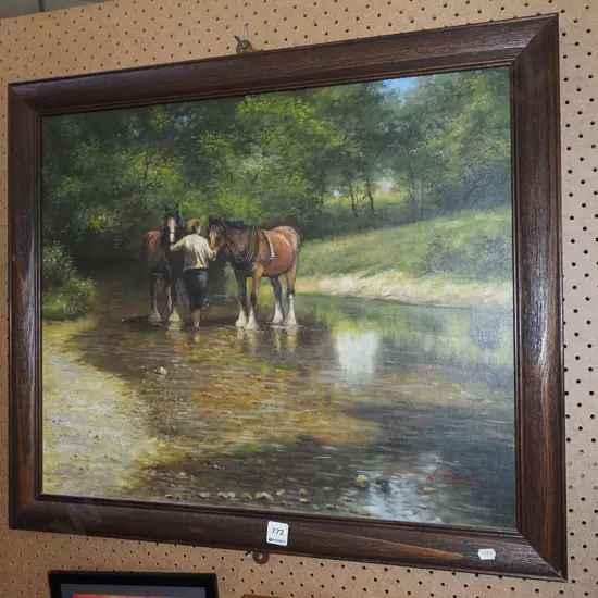 framed oil - horses in stream