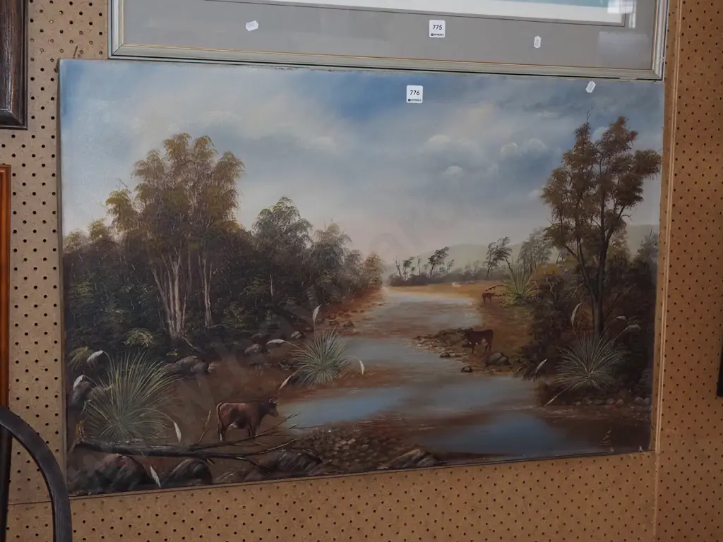 boxed oil on canvas - cattle and stream - some damage Image 1++