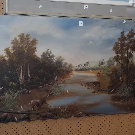 boxed oil on canvas - cattle and stream - some damage