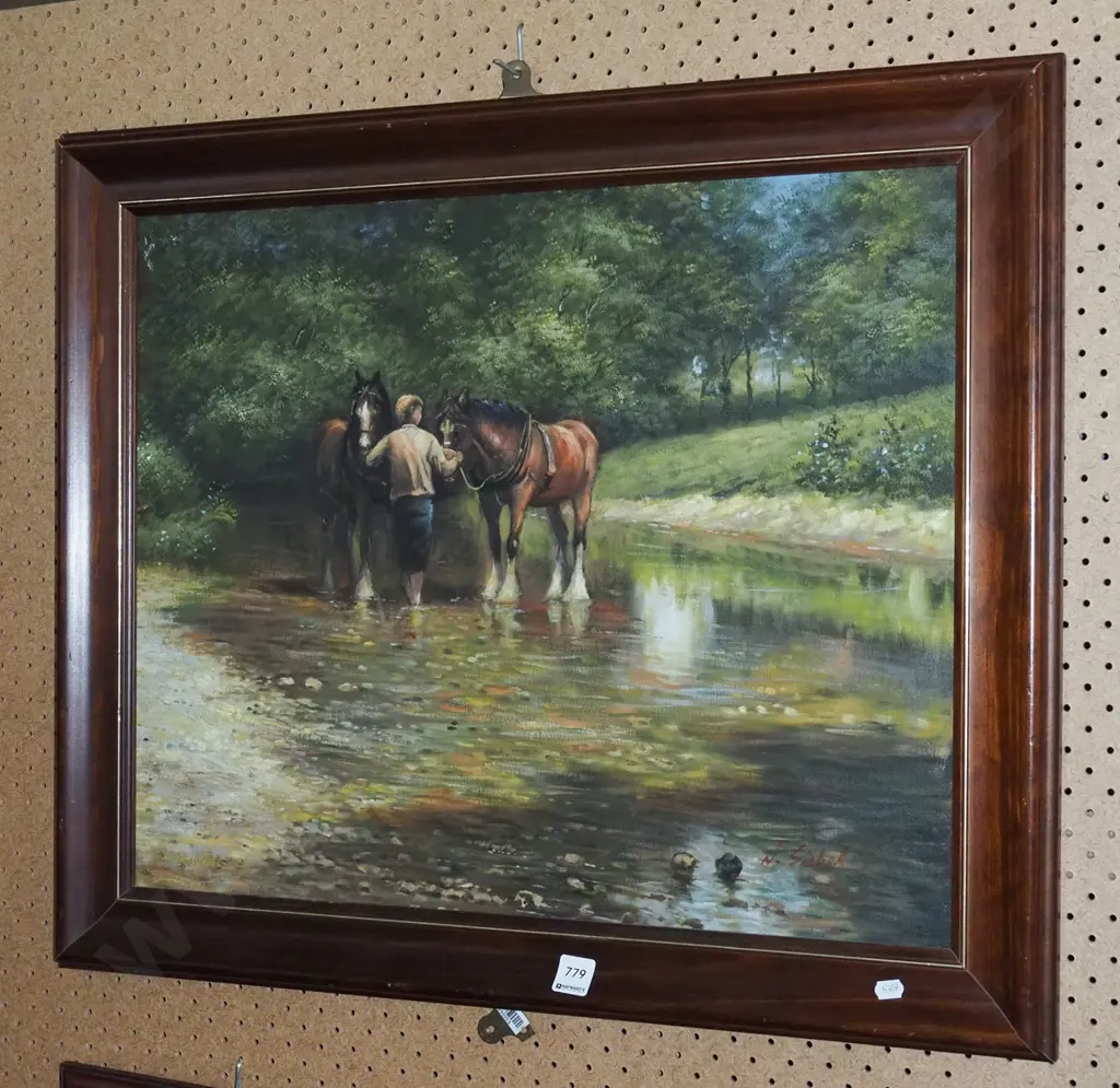 framed oil on board - horses in stream Image 1++