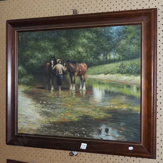 framed oil on board - horses in stream