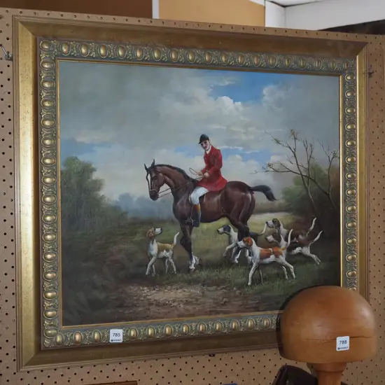 framed oil - hunting scene