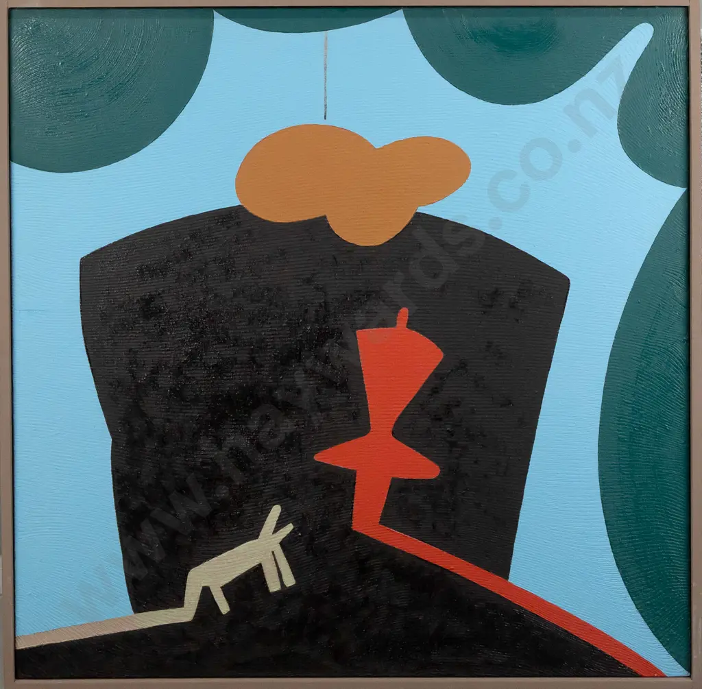 Eion Stevens 2001 - framed oil on fabric on board "stage set (after a poem by Ian Wedde" H830 W830 Image 1++