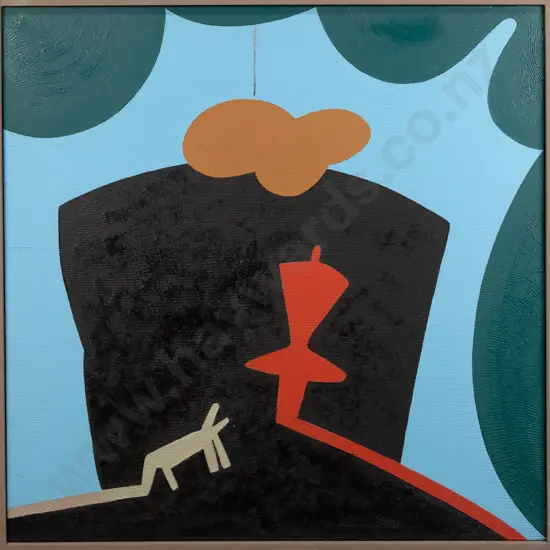 Eion Stevens 2001 - framed oil on fabric on board "stage set (after a poem by Ian Wedde" H830 W830