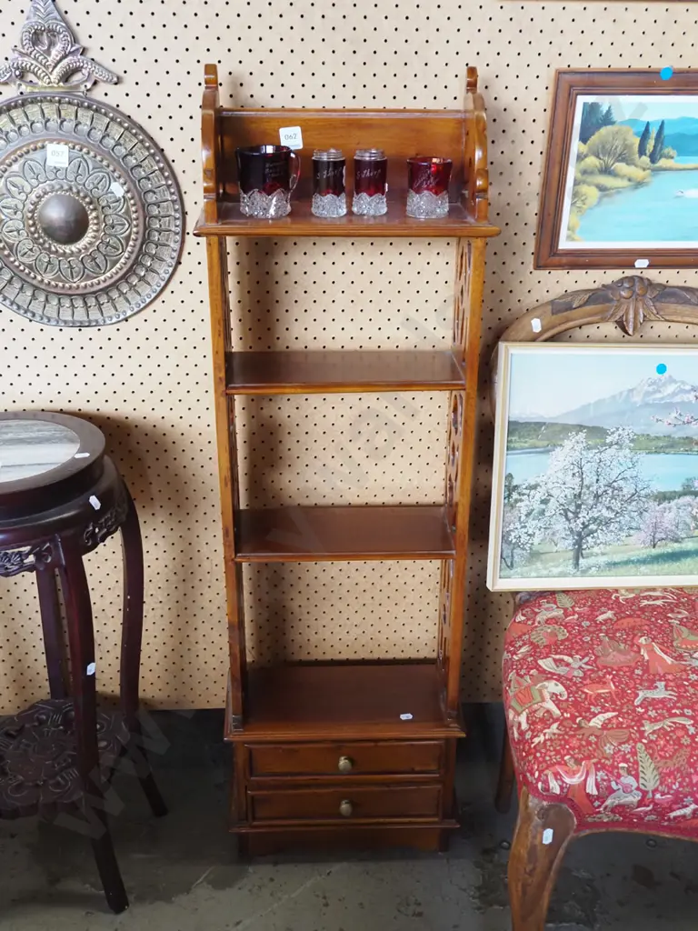 mahogany bookcase with 2 lower drawers and piereced fretwork H1100 W345 Image 1++