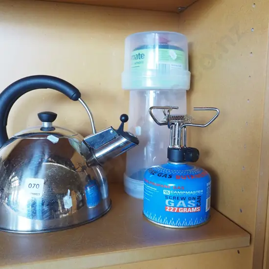 camping stove, gas canister, kettle
