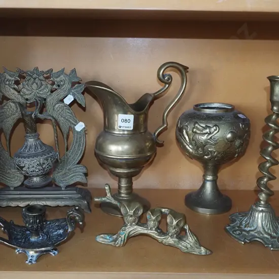 brass ware; candlesticks, jug etc