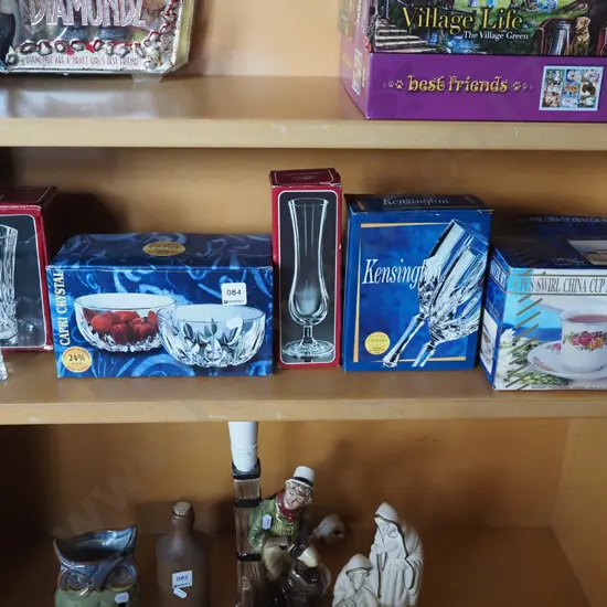 as new crystal glasses, bowls, floral cup and saucer set etc