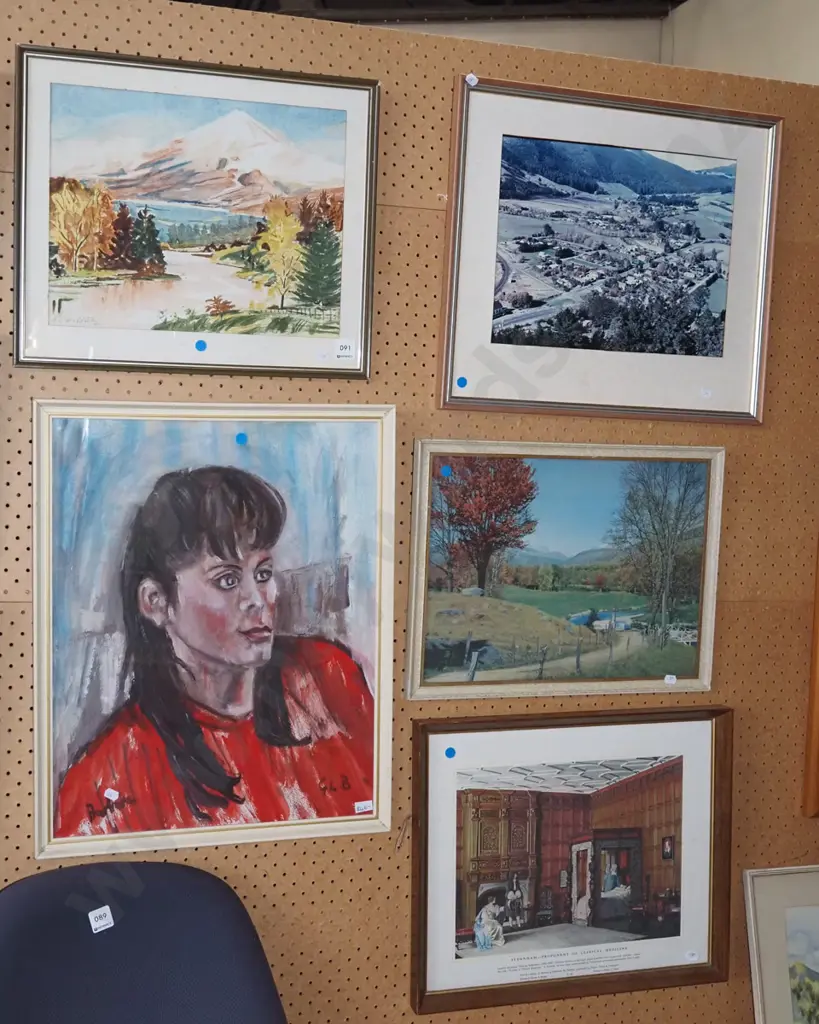 5x framed watercolours, acrylics, prints - blue dots - some foxing Image 1++