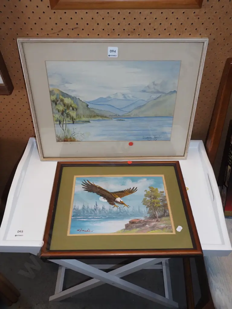 framed watercolour, framed oil - lake and mountain scene, eagle- blue dots Image 1++