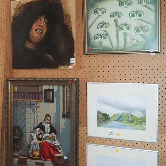 framed needlework, oil, print - red dots