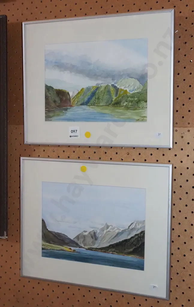 2x watercolours - lake and mountain scenes - yellow dots Image 1++