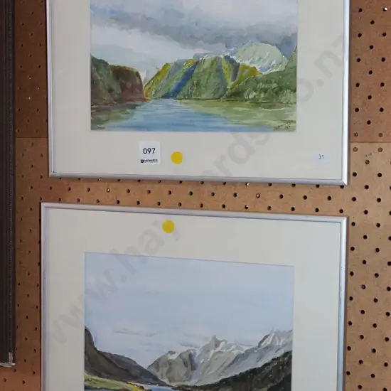 2x watercolours - lake and mountain scenes - yellow dots