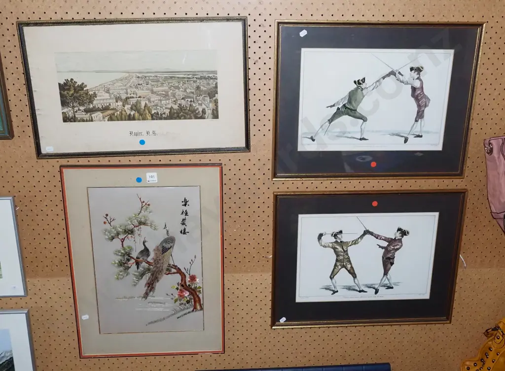 framed historic Napier print, framed peacock needlework - both have marks and foxing , 2x fencing prints - blue dots Image 1++