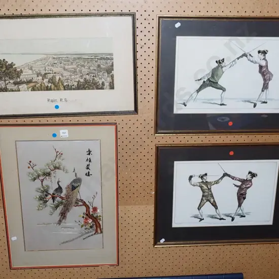 framed historic Napier print, framed peacock needlework - both have marks and foxing , 2x fencing prints - blue dots