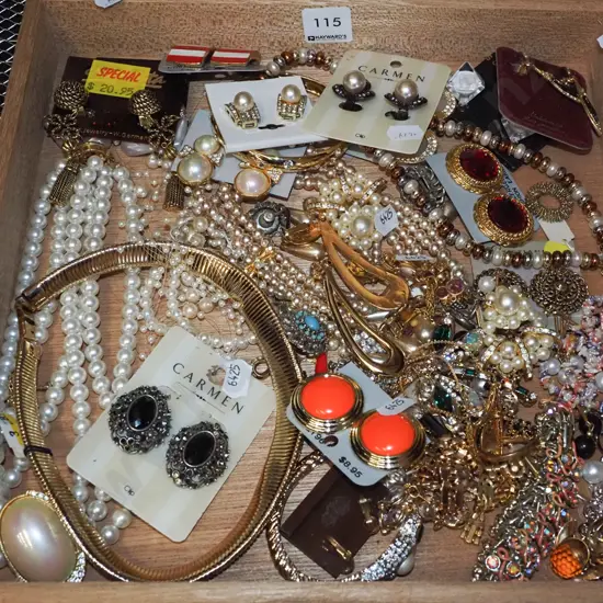 wooden tray and costume jewellery