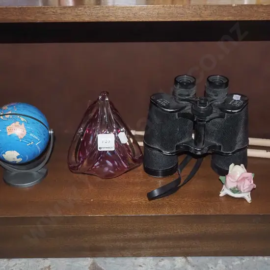shelf; small globe, glass basket, binoculars etc