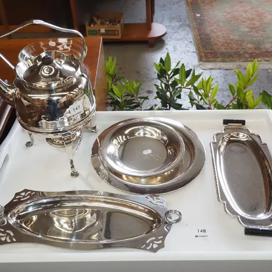 white spirit teapot, plated trays