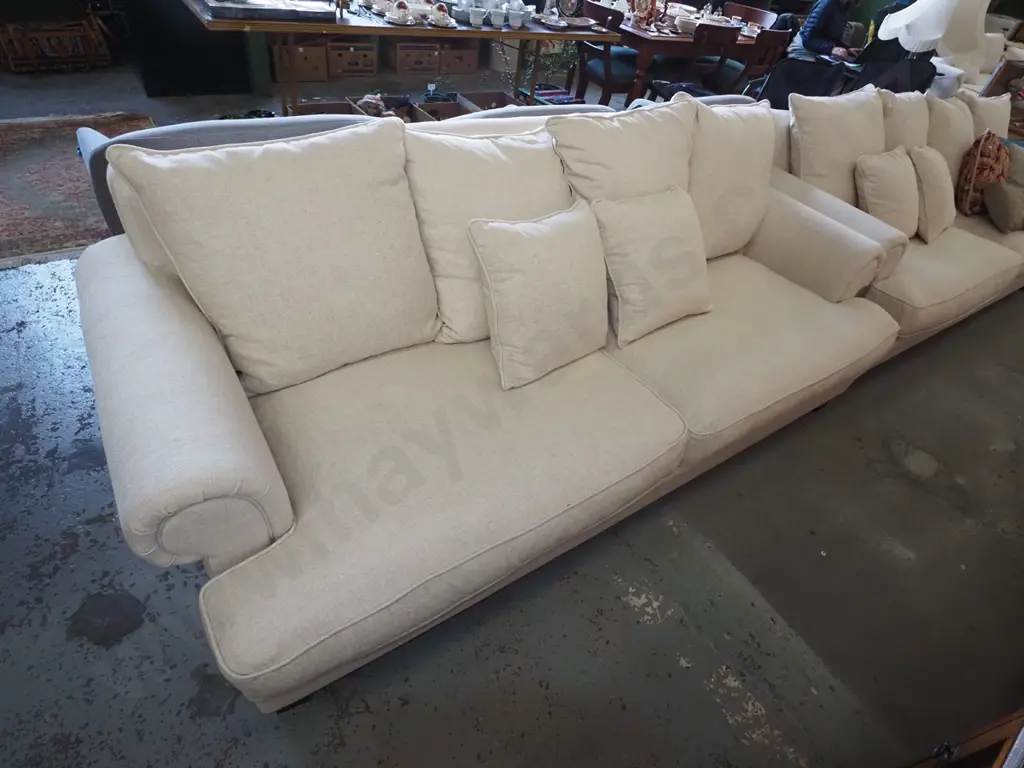 cream linen rolled arm 3 seater settee with matching cushions H810 W2300 D1000 Image 1++