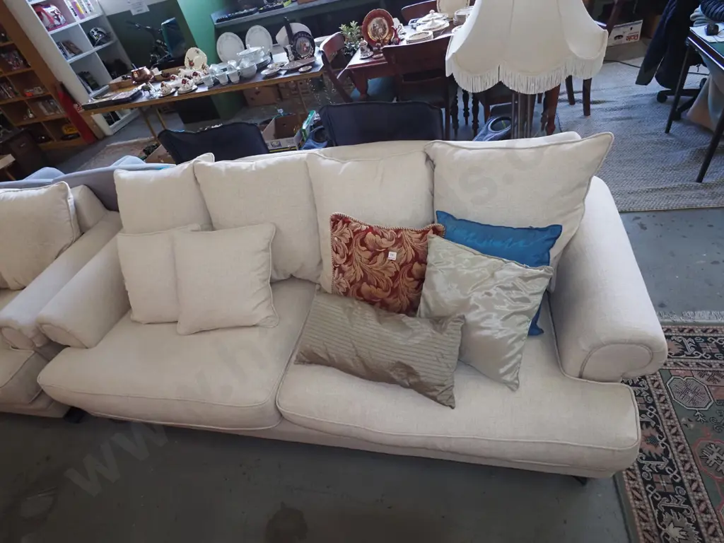 cream linen rolled arm 3 seater settee with matching cushions H810 W2300 D1000 Image 1++