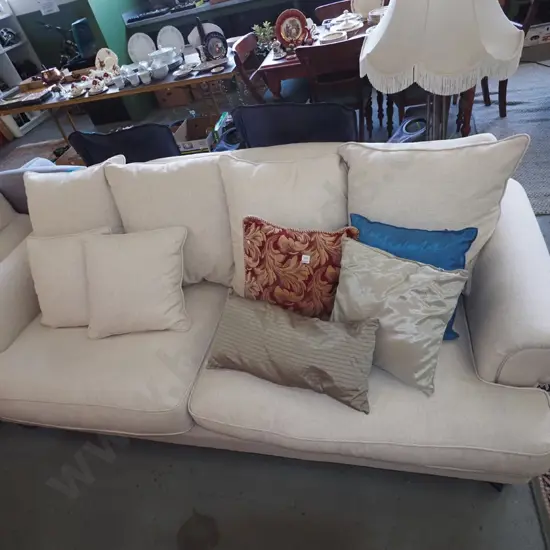 cream linen rolled arm 3 seater settee with matching cushions H810 W2300 D1000