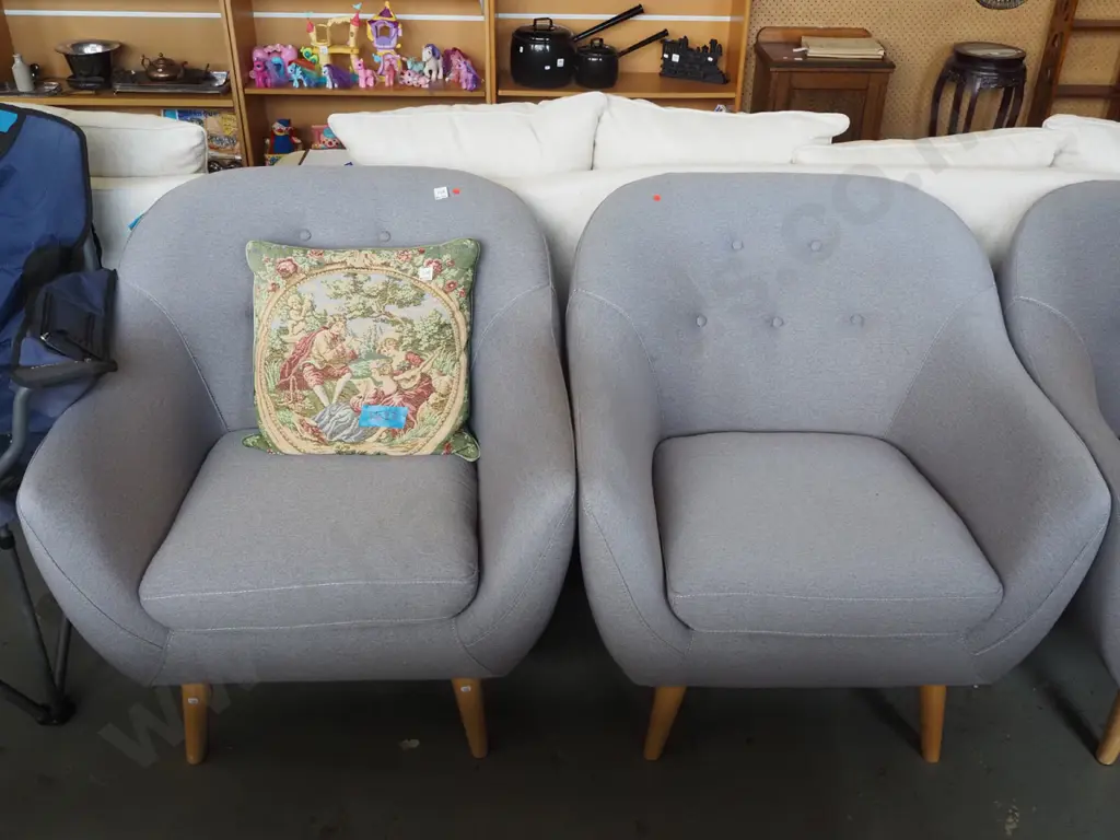 pair of conteporary grey upholstered deep buttoned armchairs - red dots Image 1++