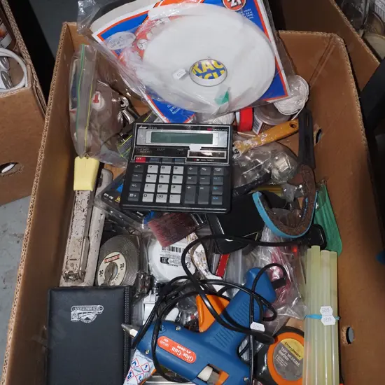 box; glue gun, paint brushes etc