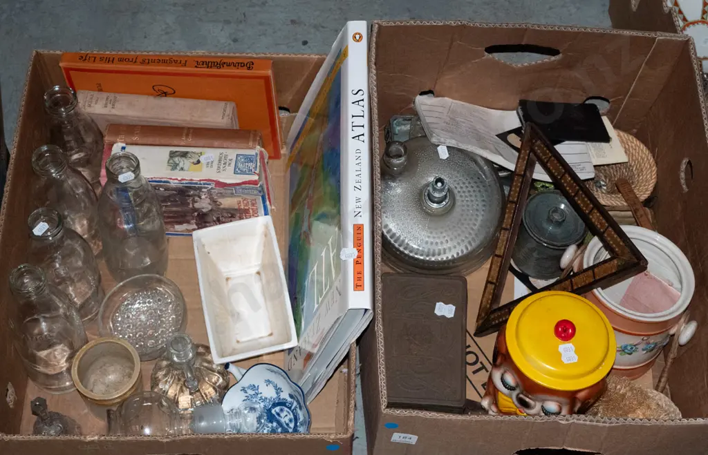 2 boxes; NZ atlas, books, milk bottles, canisters  etc - blue dots Image 1++