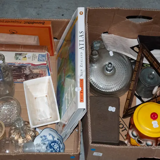 2 boxes; NZ atlas, books, milk bottles, canisters  etc - blue dots