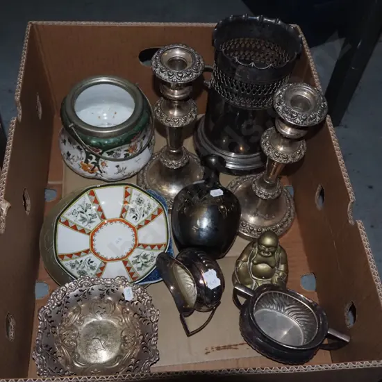 box; bowls, brass buddha, plated ware etc