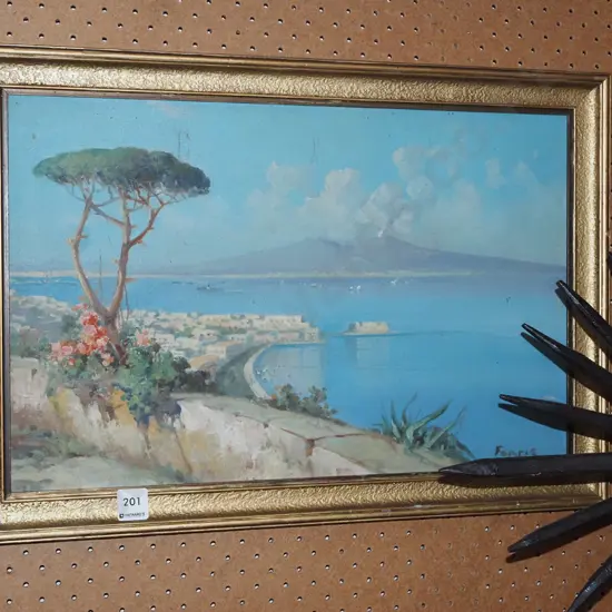 framed oil - city by sea - aging