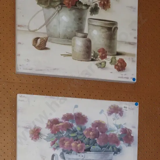 2x oils on board - flowers - blue dots