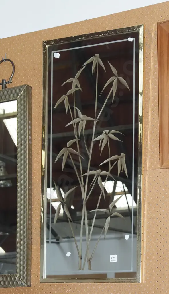 etched bamboo on brass framed wall mirror H930 Image 1++