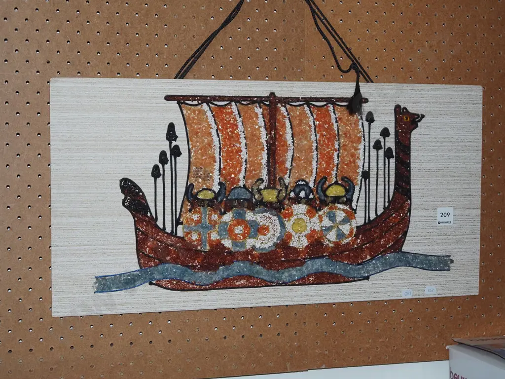 framed crushed shell retro wall art - viking boat Image 1++