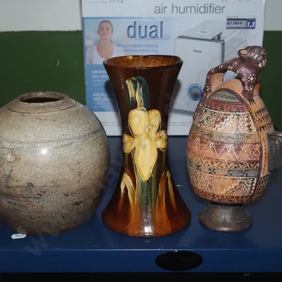 2x vases, unusual pottery jug - some faults