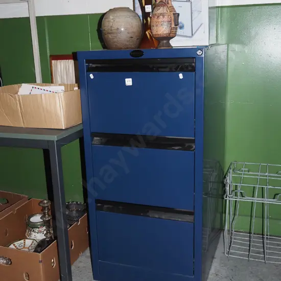blue Precision 3 drawer filing cabinet- key in office