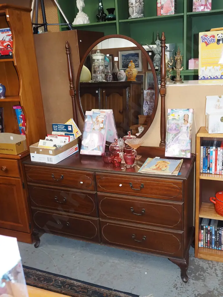 mdf faux wood veneer 6 drawer mirror back dresser H1570 W1200 D400 Image 1++