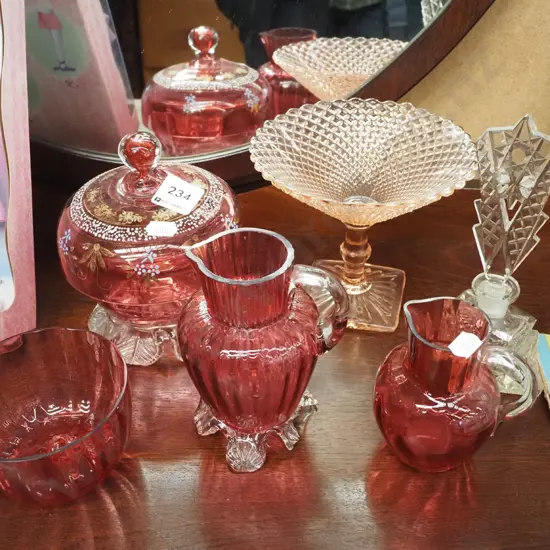 ruby glass jugs, deco scent bottle etc