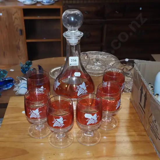retro ruby and grape themed decanter with 6 stemmed glasses