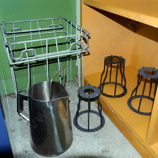 wire crate, large jug, 3x metal light fittings