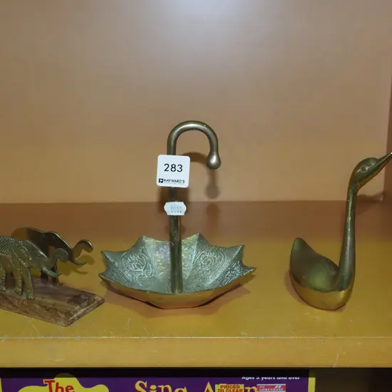 brass swan, letter opener, umbrella themed ring dish H140