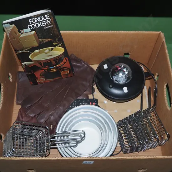 box; fondue cooking book, disco light, bowls etc