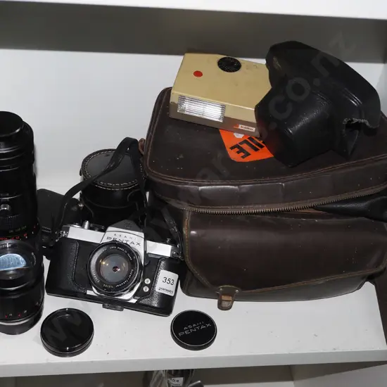 Ashai Pentax 35mm camera with bag, additional lenses, camera flash