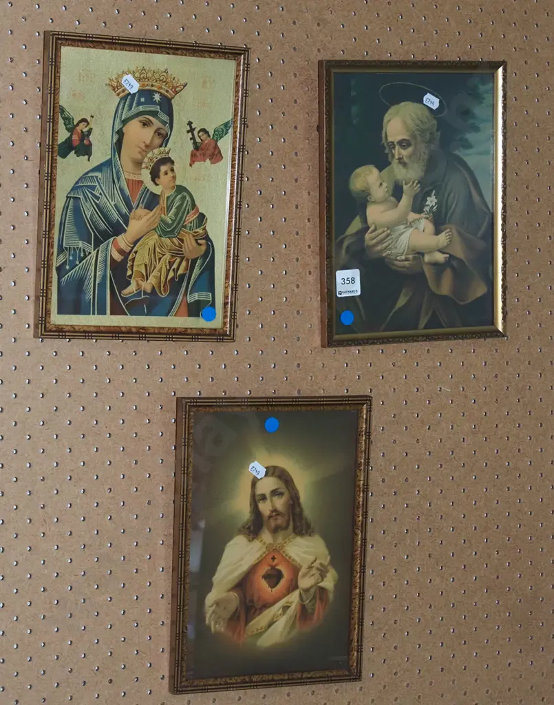 3x small framed religious prints- blue dots Image 1++