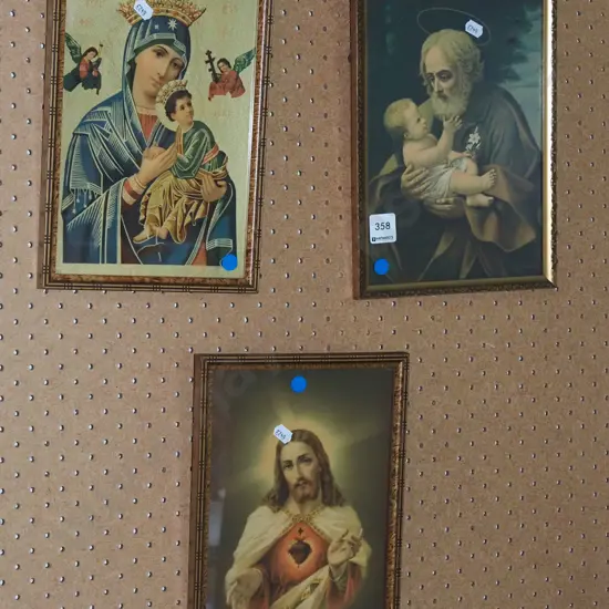 3x small framed religious prints- blue dots