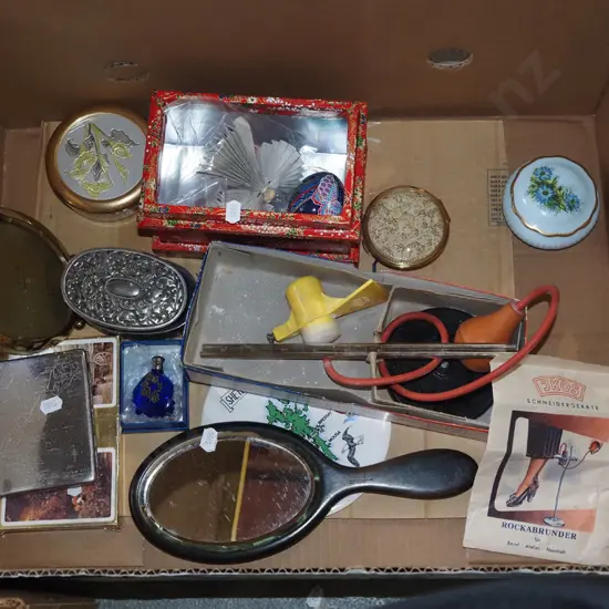 box; hand held mirrors, photo frames etc